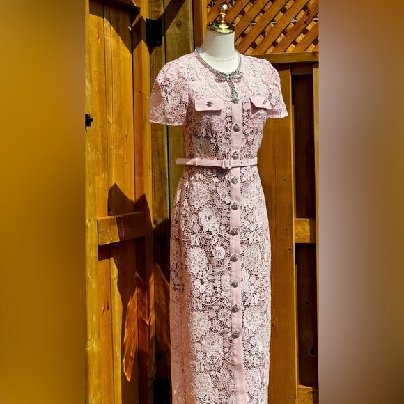 🆕 SELF-PORTRAIT 🧿 BNWOT Pink Lace Diamante Bow Midi Dress, Sz US 4 / UK 8 - Picture 5 of 16